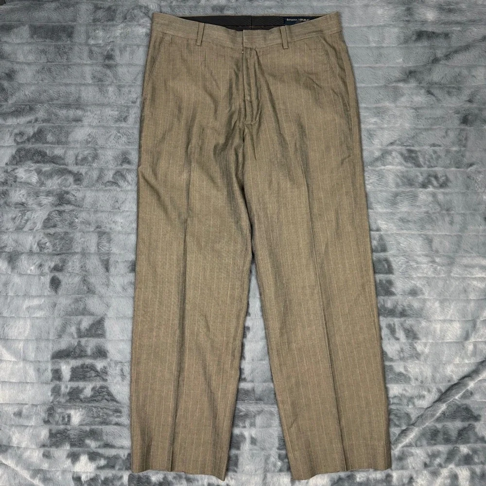 Banana Republic Mens 31/32 Brown Pinstripe Dress Pants Flat Front Trousers